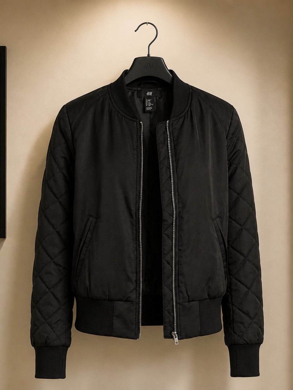 H&M Black Quilted Sleeve Bomber Jacket